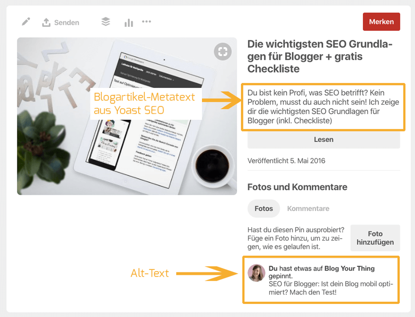 Pinterest für Blogger: Rich Pin Beschreibung versus ALT-Text