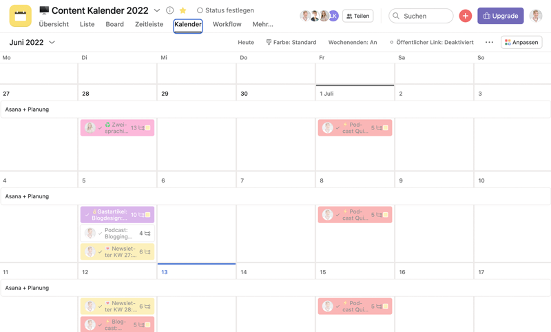 Asana Redaktionsplan: Kalenderansicht