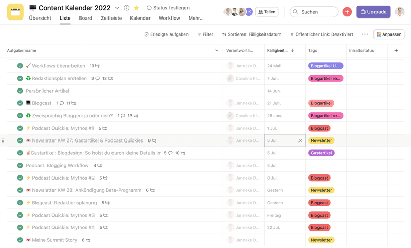 Asana Redaktionsplan: Listenansicht