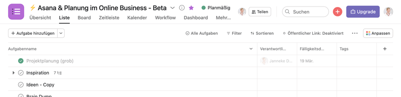 Asana: Statusberichte bei Projekten