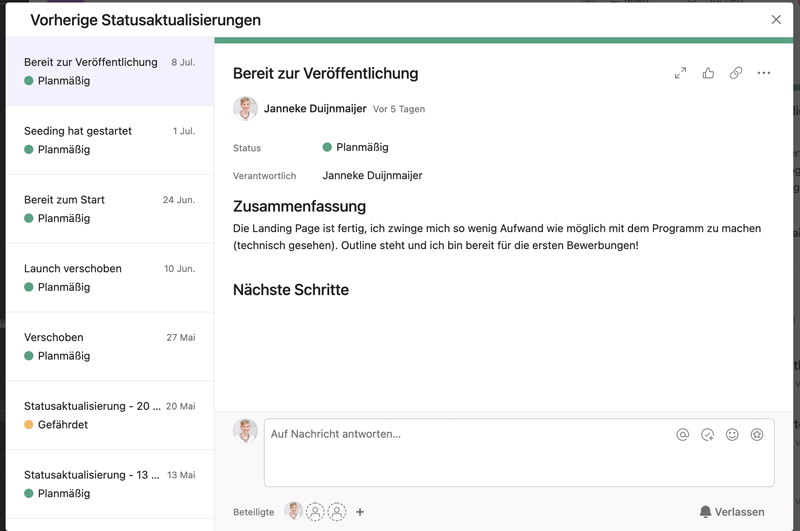 Asana: Statusbericht in Projekten - Verlauf