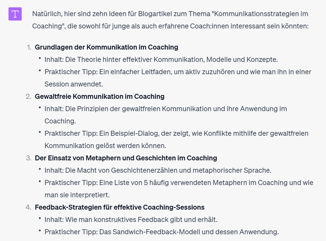 Ein Beispiel, wie ChatGPT Blogartikel-Ideen liefert