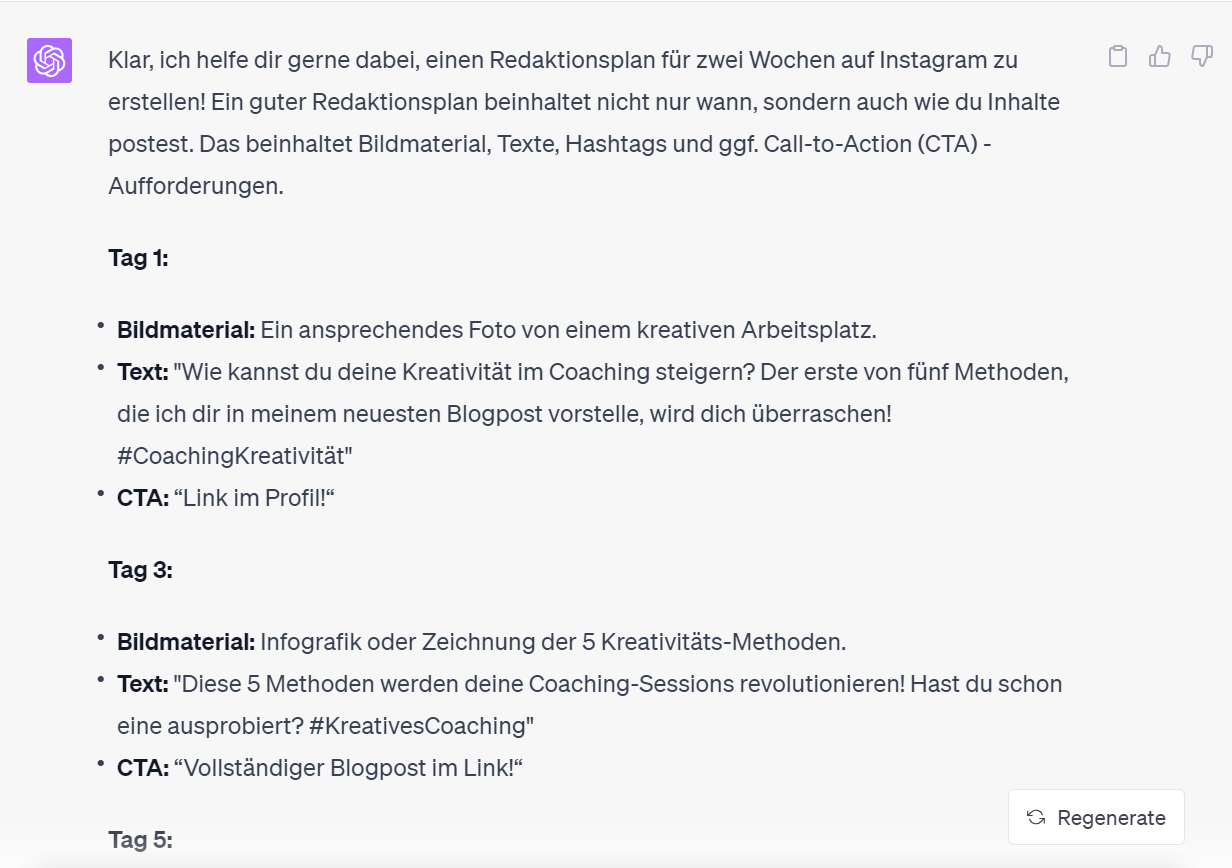 Ein Beispiel, wie ChatGPT Ideen für einen Redaktionsplan liefert