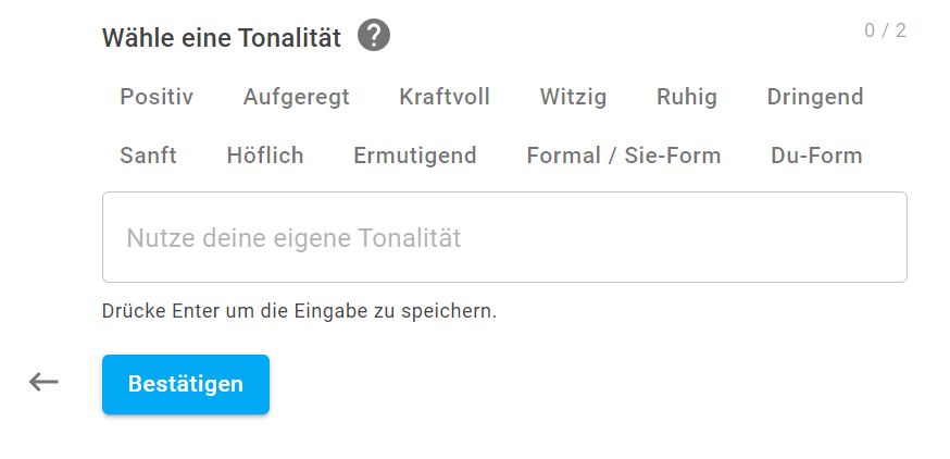 Auswahl von Tonalitäten in Neuroflash