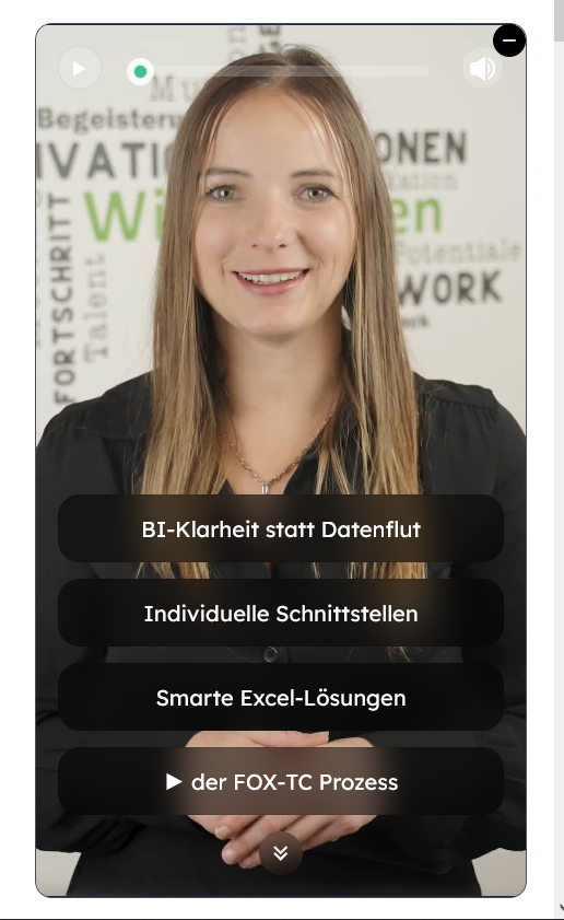 Beispiel fox-tc.at: Kurzes Zusammenfassungsvideo mit integrierten Buttons zu den Hauptabschnitten der Seite